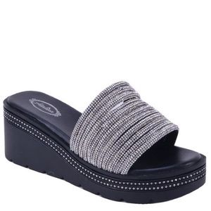NEW Italina Black Platform Silver Rhinestone Embellished Wedge Slide-In Sandal